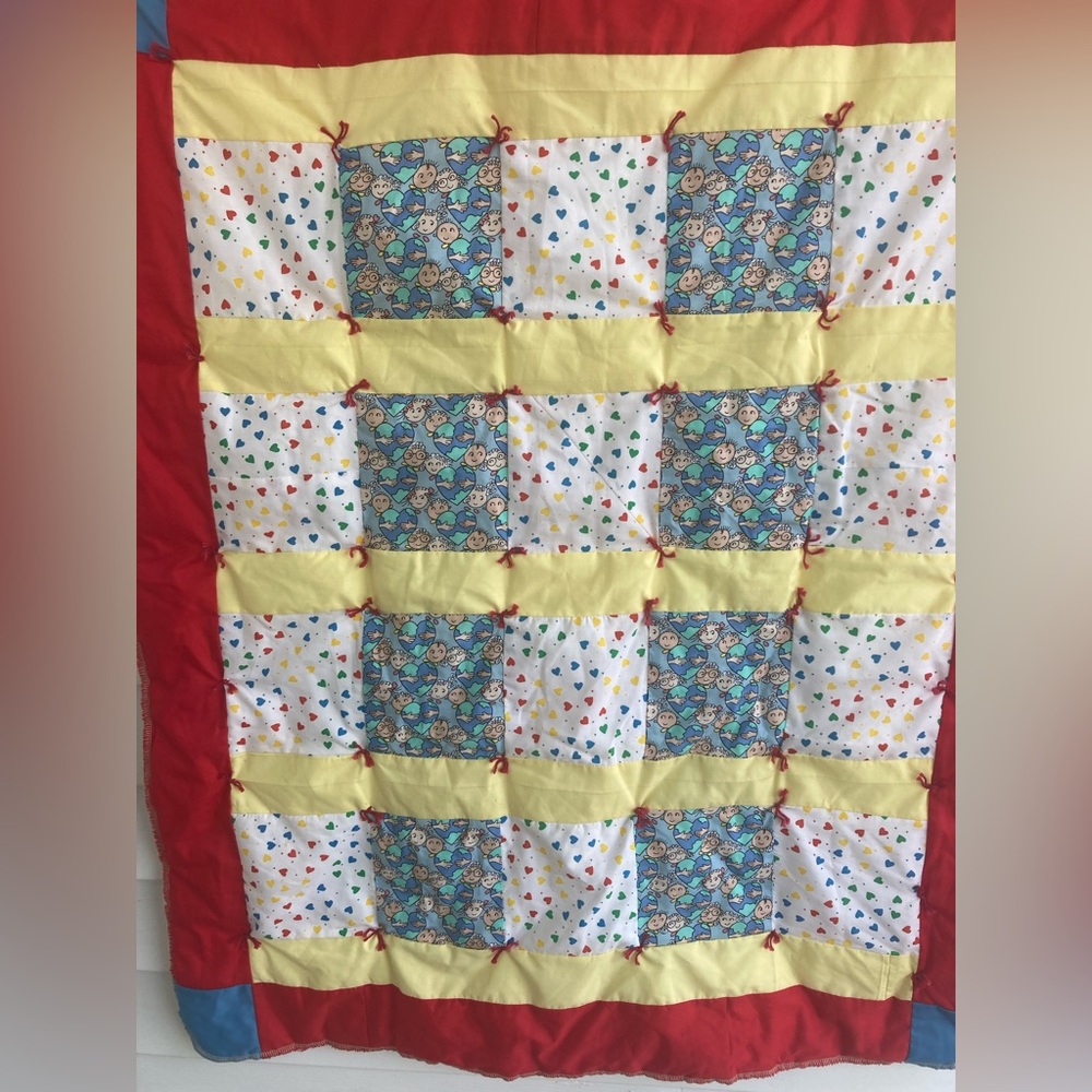 World Love 31inX39in Preloved Patchwork Blanket-Heart Shaped Earth & Cool Kids